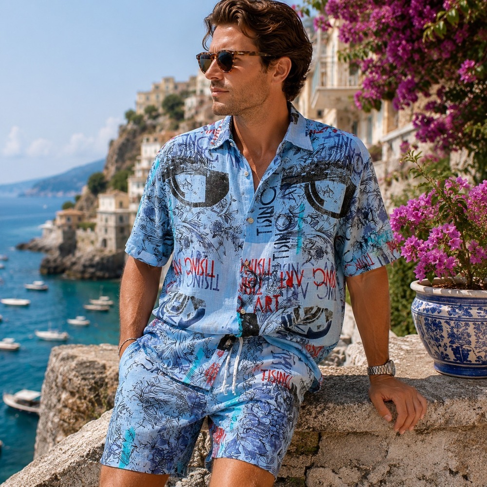 Italian Button‎ Front Linen Shirt Mens Sz L Blue Abstract Graphic Art Print